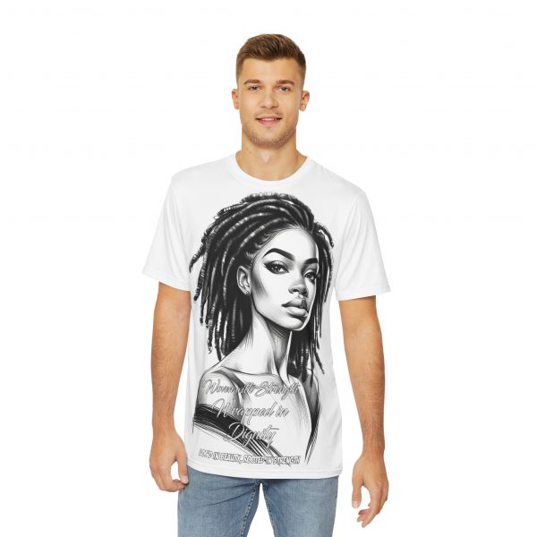 Elegant 'Wrapped in Dignity' Women's T-Shirt - Empowering Locs Portrait Tee, Monochrome Afrocentric Beauty Shirt - Image 3